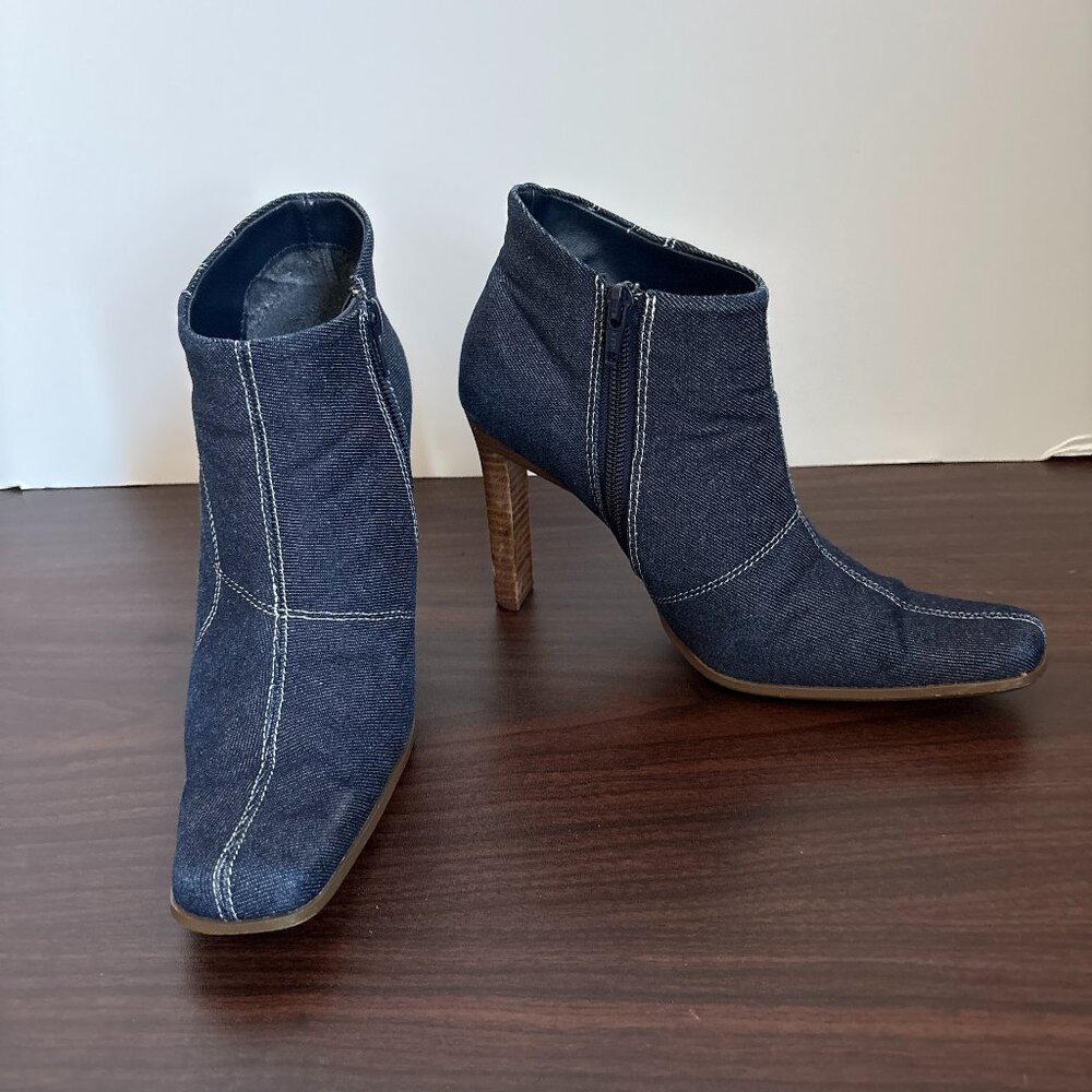 Paprika Denim Ankle Boots Square toe and Wood-grained Heels Edgy Urban Chic 7.5